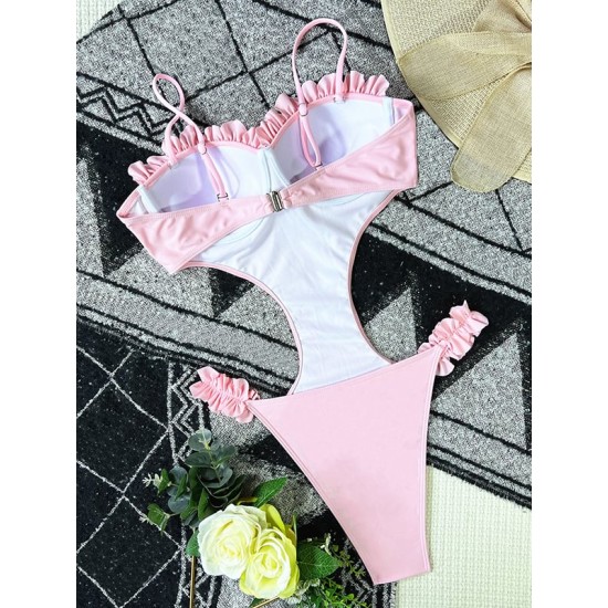 Beach Padded Hollow Falbala Spaghetti-Neck One-Piece Swimwear Beach Padded Hollow Falbala Spaghetti-Neck One-Piece Swimwear