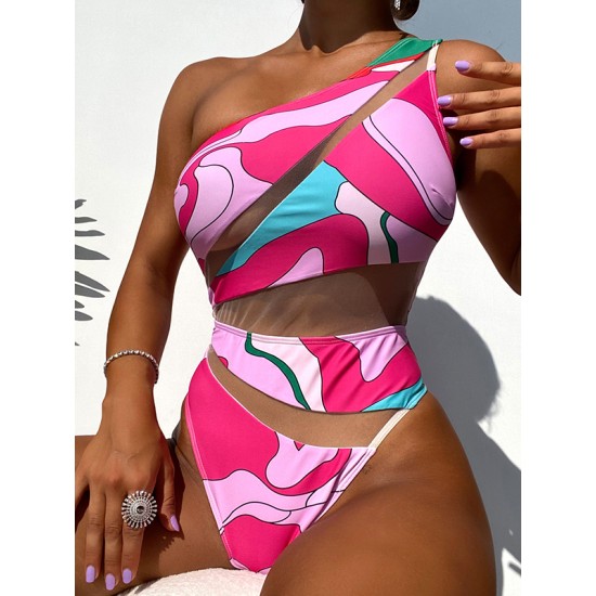 One Shoulder Hollow Color Block One Piece Swimsuit One Shoulder Hollow Color Block One Piece Swimsuit