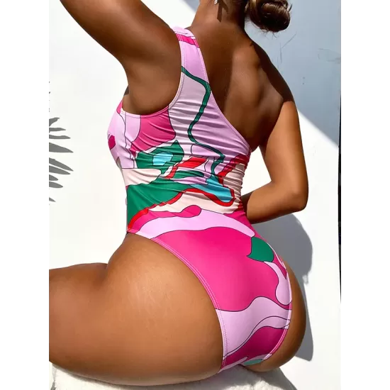 One Shoulder Hollow Color Block One Piece Swimsuit One Shoulder Hollow Color Block One Piece Swimsuit
