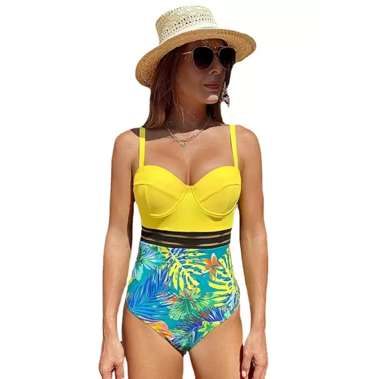 Underwire Split Joint Floral Spaghetti Neck One Piece Swimsuit Underwire Split Joint Floral Spaghetti Neck One Piece Swimsuit