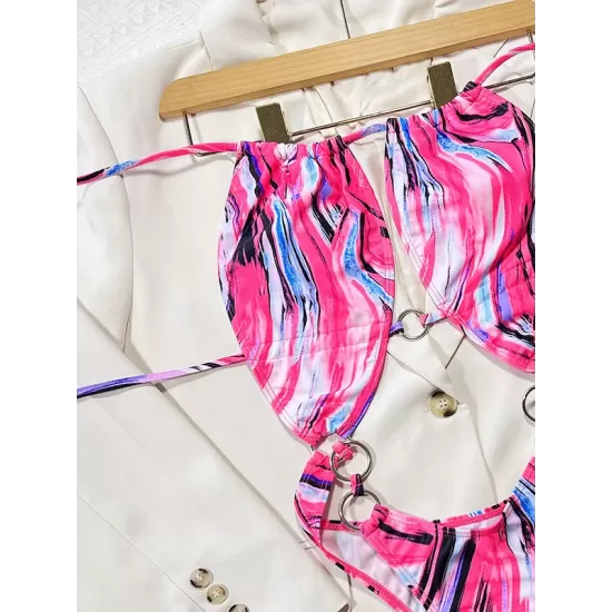 Halterneck Tie-Dyed Belly Hollowed One-Piece Swimsuit Halterneck Tie-Dyed Belly Hollowed One-Piece Swimsuit