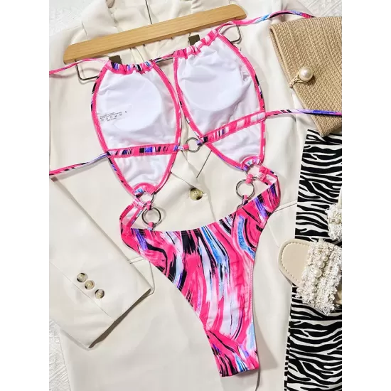 Halterneck Tie-Dyed Belly Hollowed One-Piece Swimsuit Halterneck Tie-Dyed Belly Hollowed One-Piece Swimsuit