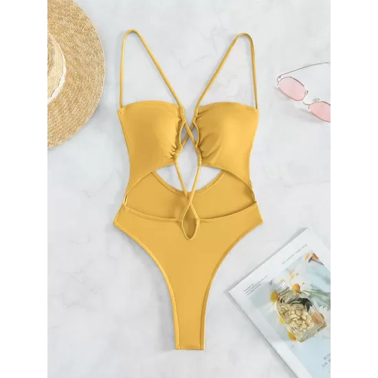 Backless Bandage Belly-Hollow Solid Color Padded Spaghetti-Neck One-Piece Swimwear Backless Bandage Belly-Hollow Solid Color Padded Spaghetti-Neck One-Piece Swimwear