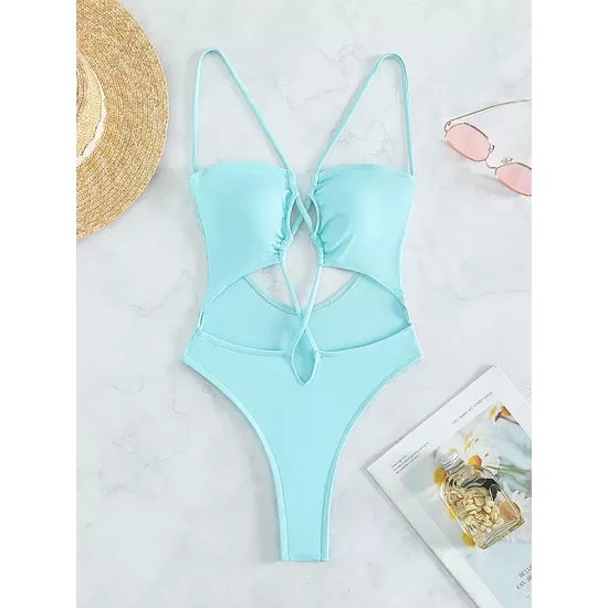 Backless Bandage Belly-Hollow Solid Color Padded Spaghetti-Neck One-Piece Swimwear Backless Bandage Belly-Hollow Solid Color Padded Spaghetti-Neck One-Piece Swimwear