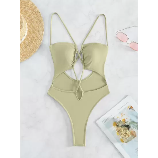 Backless Bandage Belly-Hollow Solid Color Padded Spaghetti-Neck One-Piece Swimwear Backless Bandage Belly-Hollow Solid Color Padded Spaghetti-Neck One-Piece Swimwear