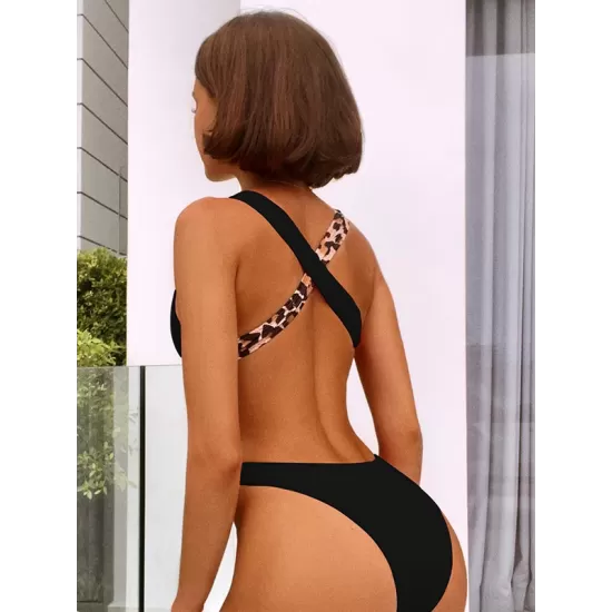 Backless Belly-Hollow Color-Block Leopard Padded Halter-Neck One-Piece Swimwear Backless Belly-Hollow Color-Block Leopard Padded Halter-Neck One-Piece Swimwear