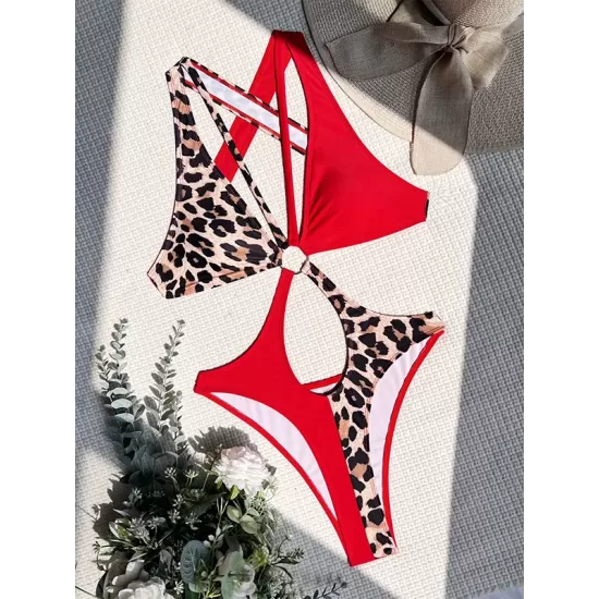 Backless Belly-Hollow Color-Block Leopard Padded Halter-Neck One-Piece Swimwear Backless Belly-Hollow Color-Block Leopard Padded Halter-Neck One-Piece Swimwear