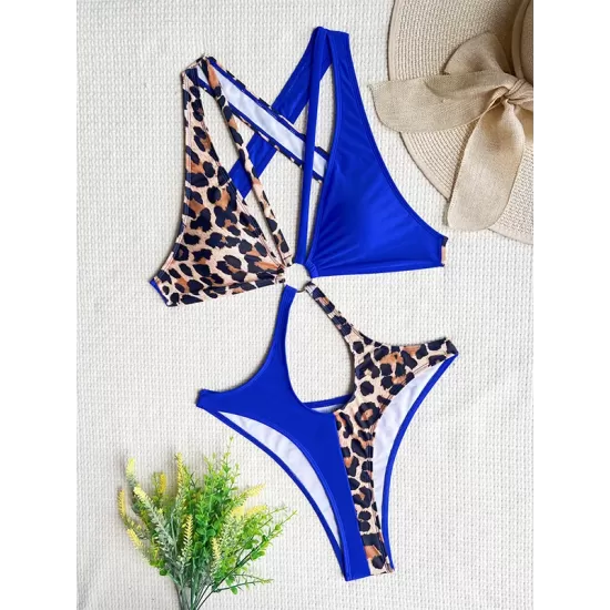 Backless Belly-Hollow Color-Block Leopard Padded Halter-Neck One-Piece Swimwear Backless Belly-Hollow Color-Block Leopard Padded Halter-Neck One-Piece Swimwear