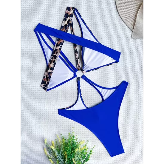 Backless Belly-Hollow Color-Block Leopard Padded Halter-Neck One-Piece Swimwear Backless Belly-Hollow Color-Block Leopard Padded Halter-Neck One-Piece Swimwear