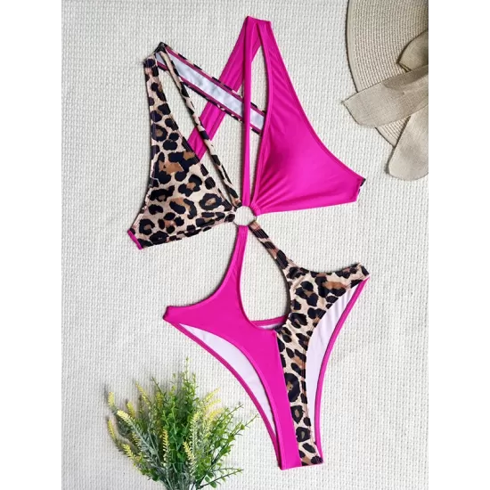 Backless Belly-Hollow Color-Block Leopard Padded Halter-Neck One-Piece Swimwear Backless Belly-Hollow Color-Block Leopard Padded Halter-Neck One-Piece Swimwear