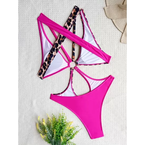 Backless Belly-Hollow Color-Block Leopard Padded Halter-Neck One-Piece Swimwear Backless Belly-Hollow Color-Block Leopard Padded Halter-Neck One-Piece Swimwear