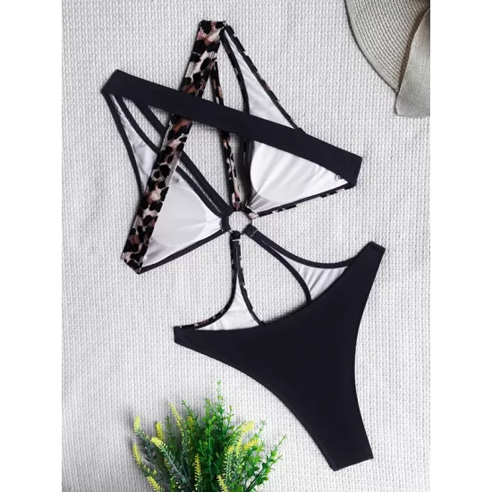 Backless Belly-Hollow Color-Block Leopard Padded Halter-Neck One-Piece Swimwear Backless Belly-Hollow Color-Block Leopard Padded Halter-Neck One-Piece Swimwear