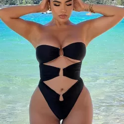 Padded Belly-Hollow Solid Color Tube One-Piece Swimwear