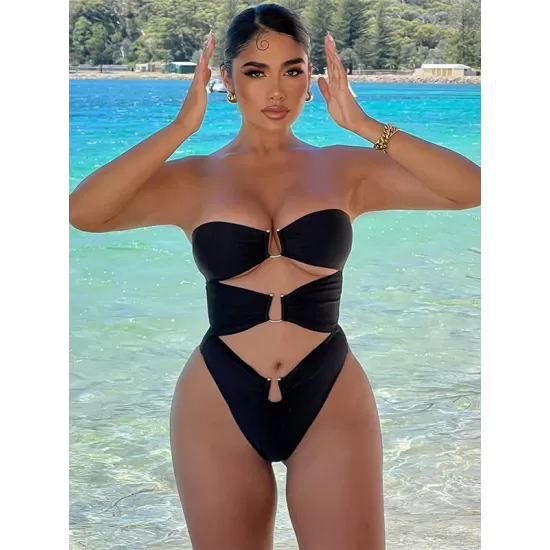 Padded Belly-Hollow Solid Color Tube One-Piece Swimwear Padded Belly-Hollow Solid Color Tube One-Piece Swimwear