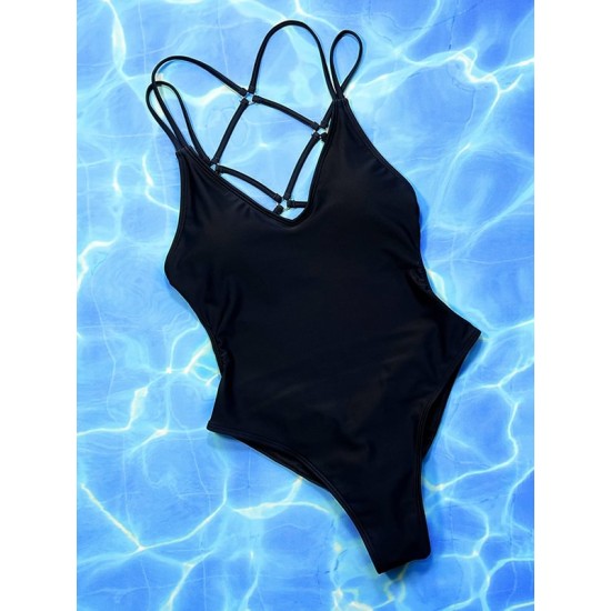 Hollow Padded Solid Color Deep V-Neck One-Piece Swimwear Hollow Padded Solid Color Deep V-Neck One-Piece Swimwear
