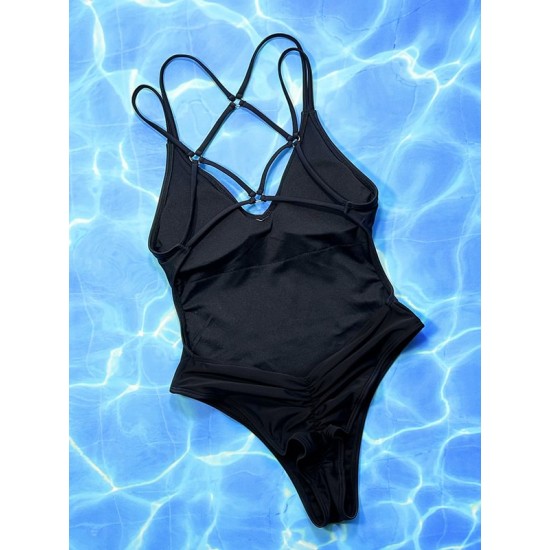 Hollow Padded Solid Color Deep V-Neck One-Piece Swimwear Hollow Padded Solid Color Deep V-Neck One-Piece Swimwear