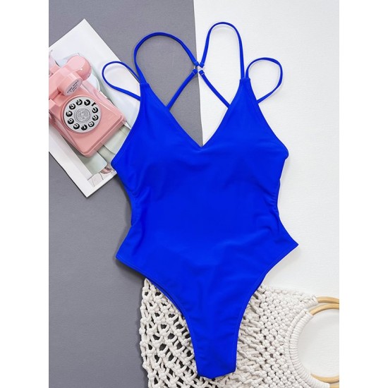 Hollow Padded Solid Color Deep V-Neck One-Piece Swimwear Hollow Padded Solid Color Deep V-Neck One-Piece Swimwear