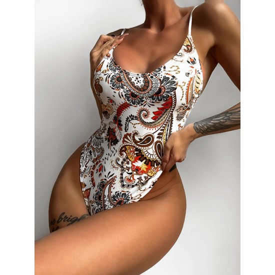 Bandage Floral Printed Hollow Padded Spaghetti-Neck One-Piece Swimwear Bandage Floral Printed Hollow Padded Spaghetti-Neck One-Piece Swimwear