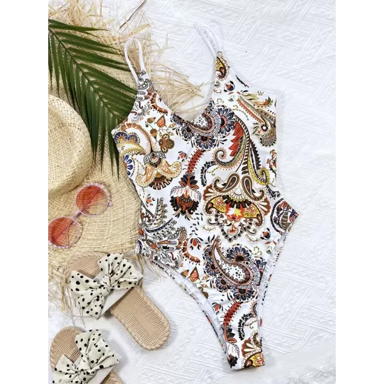 Bandage Floral Printed Hollow Padded Spaghetti-Neck One-Piece Swimwear Bandage Floral Printed Hollow Padded Spaghetti-Neck One-Piece Swimwear