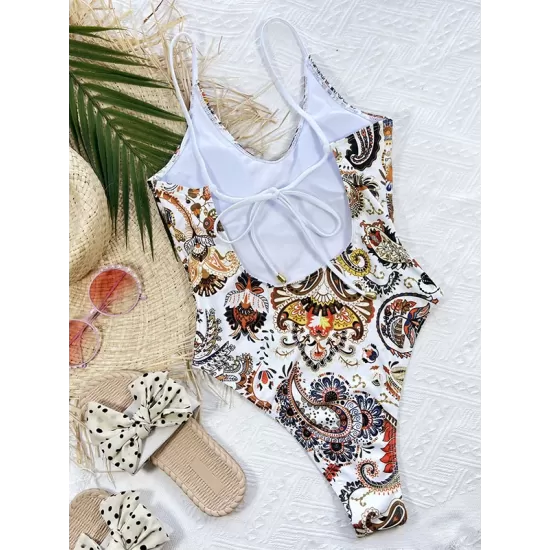 Bandage Floral Printed Hollow Padded Spaghetti-Neck One-Piece Swimwear Bandage Floral Printed Hollow Padded Spaghetti-Neck One-Piece Swimwear