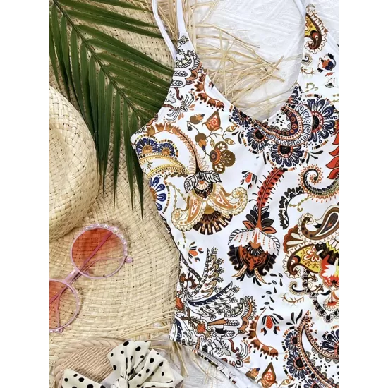 Bandage Floral Printed Hollow Padded Spaghetti-Neck One-Piece Swimwear Bandage Floral Printed Hollow Padded Spaghetti-Neck One-Piece Swimwear