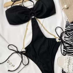 Padded Bandage Belly-Hollow Solid Color With Chain Halter-Neck One-Piece Swimwear