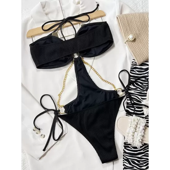 Padded Bandage Belly-Hollow Solid Color With Chain Halter-Neck One-Piece Swimwear Padded Bandage Belly-Hollow Solid Color With Chain Halter-Neck One-Piece Swimwear
