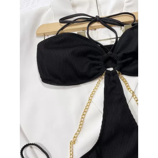 Padded Bandage Belly-Hollow Solid Color With Chain Halter-Neck One-Piece Swimwear Padded Bandage Belly-Hollow Solid Color With Chain Halter-Neck One-Piece Swimwear