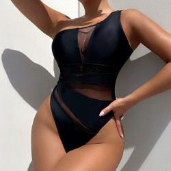 Padded Solid Color Split-Joint One-Shoulder One-Piece Swimwear