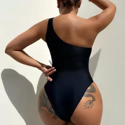 Padded Solid Color Split-Joint One-Shoulder One-Piece Swimwear