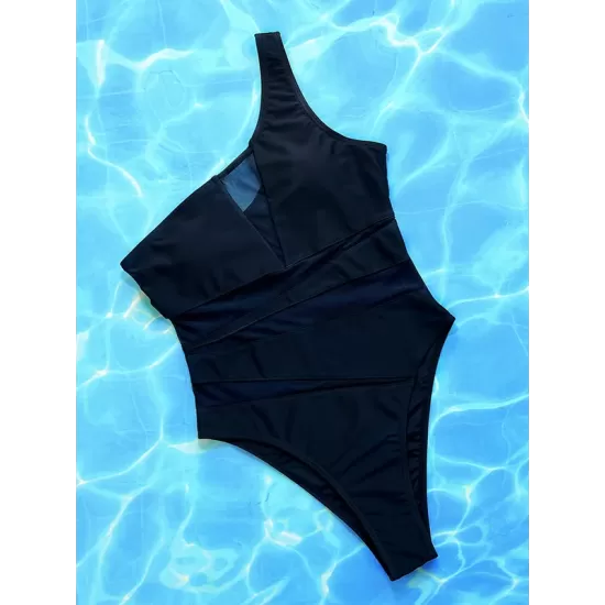 Padded Solid Color Split-Joint One-Shoulder One-Piece Swimwear Padded Solid Color Split-Joint One-Shoulder One-Piece Swimwear