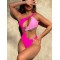 Padded Belly-Hollow Color-Block One-Shoulder One-Piece Swimwear