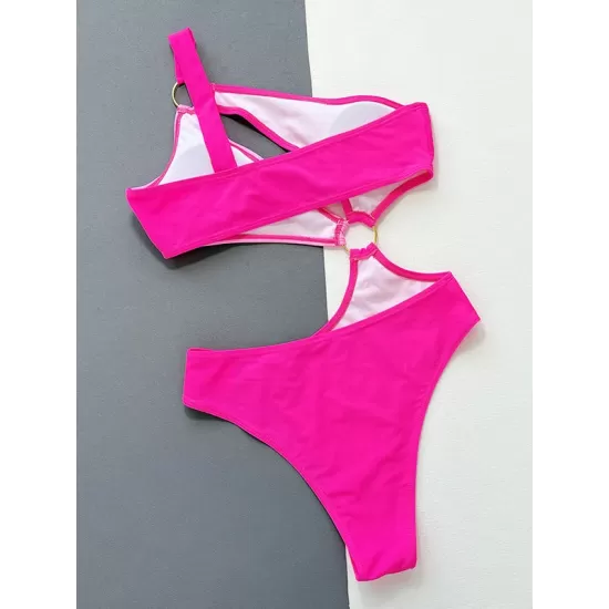 Padded Belly-Hollow Color-Block One-Shoulder One-Piece Swimwear Padded Belly-Hollow Color-Block One-Shoulder One-Piece Swimwear