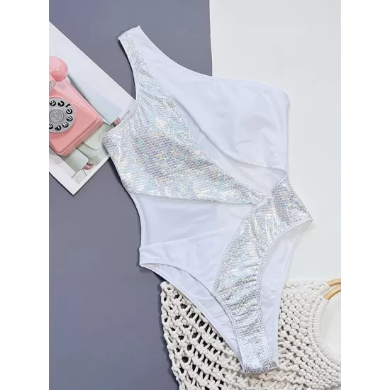 Padded One-Shoulder Color-Block Hollow One-Piece Swimwear Padded One-Shoulder Color-Block Hollow One-Piece Swimwear