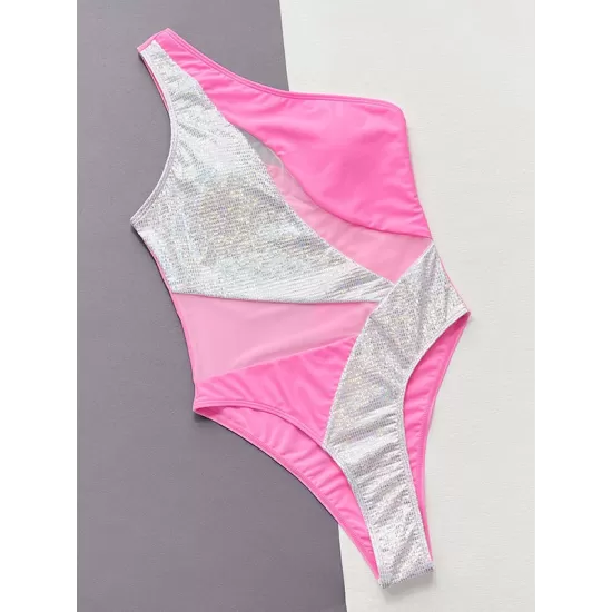 Padded One-Shoulder Color-Block Hollow One-Piece Swimwear Padded One-Shoulder Color-Block Hollow One-Piece Swimwear