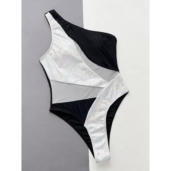 Padded One-Shoulder Color-Block Hollow One-Piece Swimwear Padded One-Shoulder Color-Block Hollow One-Piece Swimwear