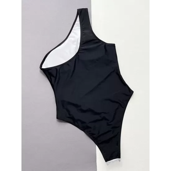 Padded One-Shoulder Color-Block Hollow One-Piece Swimwear Padded One-Shoulder Color-Block Hollow One-Piece Swimwear