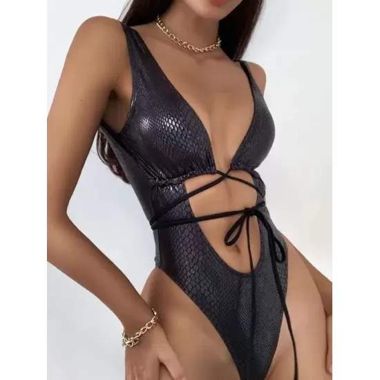 Padded Backless Bandage Hollow Snakeskin One-Piece Swimwear Padded Backless Bandage Hollow Snakeskin One-Piece Swimwear
