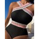 Padded Hollow Striped One-Piece Swimwear Padded Hollow Striped One-Piece Swimwear