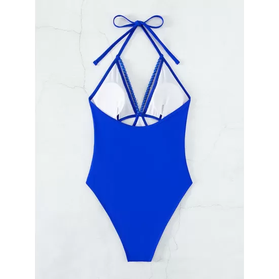 Backless Beads Hollow Solid Color Padded One-Piece Swimwear Backless Beads Hollow Solid Color Padded One-Piece Swimwear