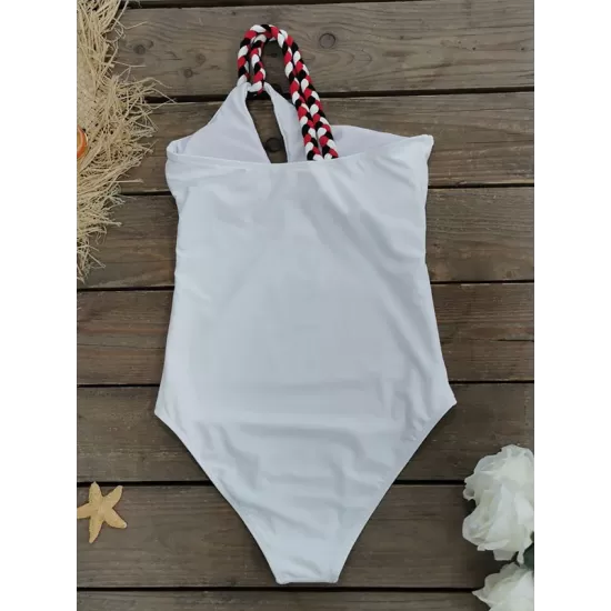 Padded Hollow Solid Color Braided Rope One-Shoulder One-Piece Swimwear Padded Hollow Solid Color Braided Rope One-Shoulder One-Piece Swimwear