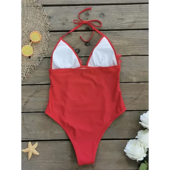 Padded Backless Contrast Color Lace-Up Split-Joint One-Piece Swimwear Padded Backless Contrast Color Lace-Up Split-Joint One-Piece Swimwear