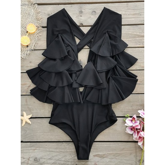 Backless Bandage Falbala Deep V-Neck One-Piece Swimwear Backless Bandage Falbala Deep V-Neck One-Piece Swimwear