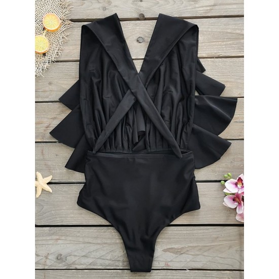 Backless Bandage Falbala Deep V-Neck One-Piece Swimwear Backless Bandage Falbala Deep V-Neck One-Piece Swimwear