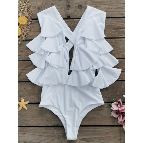 Backless Bandage Falbala Deep V-Neck One-Piece Swimwear Backless Bandage Falbala Deep V-Neck One-Piece Swimwear