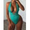 Padded Sleeveless Backless Belted Hollow Solid Color Woven Deep V-Neck One-Piece Swimwear