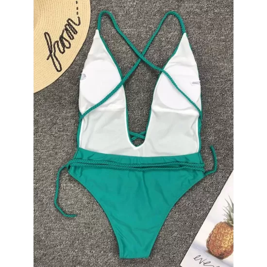Padded Sleeveless Backless Belted Hollow Solid Color Woven Deep V-Neck One-Piece Swimwear Padded Sleeveless Backless Belted Hollow Solid Color Woven Deep V-Neck One-Piece Swimwear