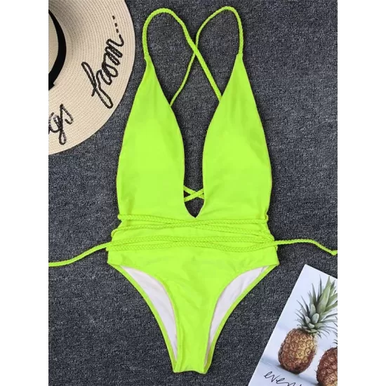 Padded Sleeveless Backless Belted Hollow Solid Color Woven Deep V-Neck One-Piece Swimwear Padded Sleeveless Backless Belted Hollow Solid Color Woven Deep V-Neck One-Piece Swimwear