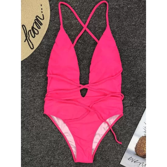 Padded Sleeveless Backless Belted Hollow Solid Color Woven Deep V-Neck One-Piece Swimwear Padded Sleeveless Backless Belted Hollow Solid Color Woven Deep V-Neck One-Piece Swimwear
