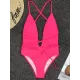 Padded Sleeveless Backless Belted Hollow Solid Color Woven Deep V-Neck One-Piece Swimwear Padded Sleeveless Backless Belted Hollow Solid Color Woven Deep V-Neck One-Piece Swimwear